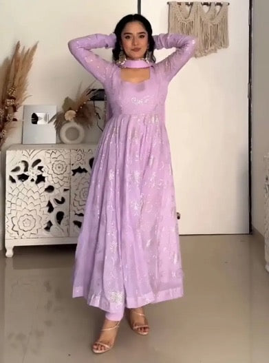 DESIGNER GEORGETTE FOIL WORK GOWN BOTTOM WITH DUPATTA GEORGETTE LAVENDER