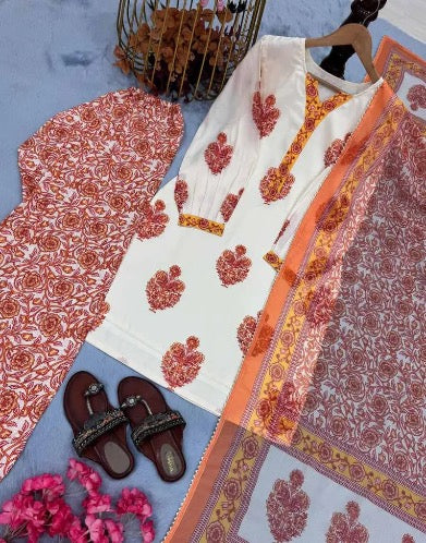 MOST PICKED MUSLIN COTTON DIGITAL PRINTED TOP PATIYALA WITH DUPATTA ORANGE