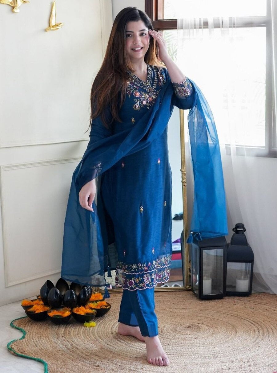 FANCY VICHITRA SILK MULTI SEQUENCE WORK TOP BOTTOM WITH DUPATTA NAVY BLUE