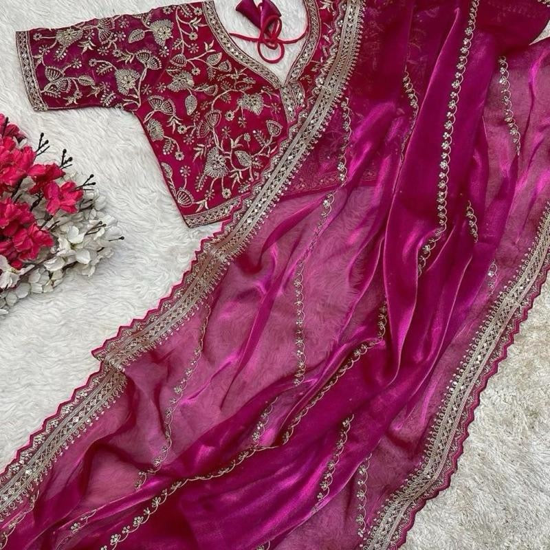 PARTY WEAR HIGH END SILK SEQUENCE WORK SAREE WITH  READY MADE BLOUSE up to 42”