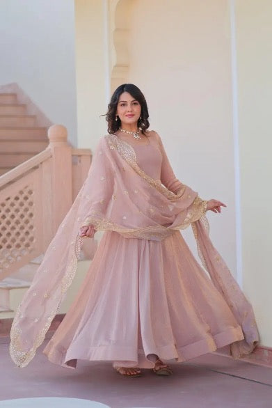 DESIGNER CHIFFON STITCHED GOWN WITH SEQUENCE ZARI EMBROIDERY CUT WORK DUPATTA IN PINK