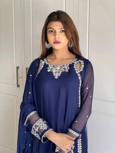 MODERN GEORGETTE EMBROIDERY SEQUENCE WORK TOP BOTTOM WITH DUPATTA BLUE