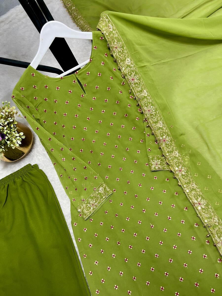 ATTRACTIVE GEORGETTE EMBROIDERY SEQUENCE WORK TOP BOTTOM WITH DUPATTA PARROT GREEN