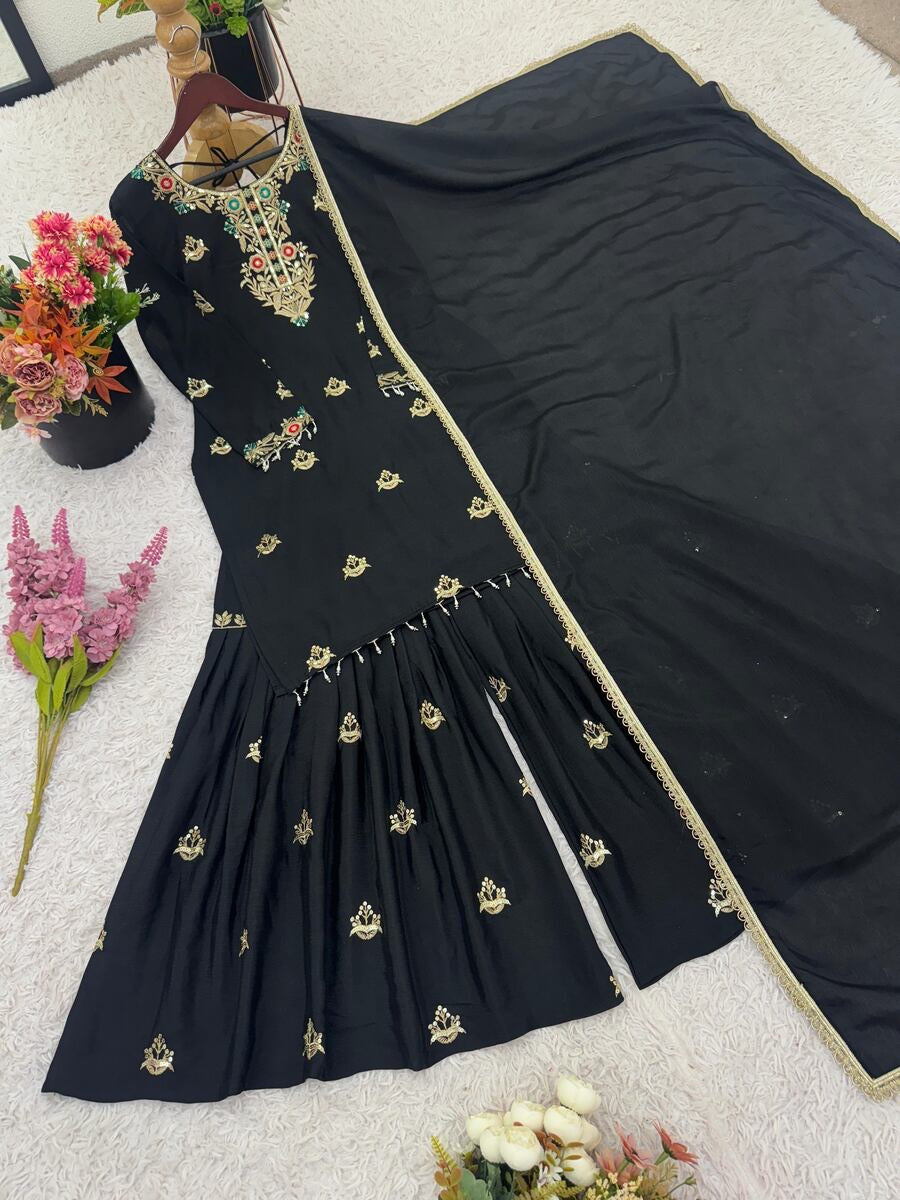 ATTRACTIVE CHINON SILK EMBROIDERY SEQUENCE WORK TOP SHARARA WITH DUPATTA BLACK