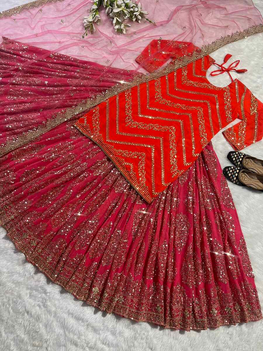 PARTY WEAR GEORGETTE EMBROIDERY SEQUENCE WORK LEHENGA TOP WITH DUPATTA ORANGE