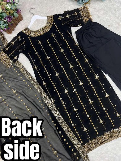 RICH LOOK GEORGETTE EMBROIDERY AND SEQUENCE WORK WITH LACE BORDER WORK TOP BOTTOM WITH DUPATTA BLACK