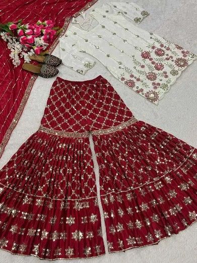 RICH LOOK CHINON SILK SEQUENCE EMBROIDERY WORK TOP SHARARA WITH DUPATTA RED