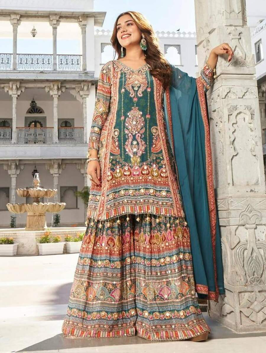 TRENDING GEORGETTE DIGITAL PRINT WITH REAL MIRROR HAND WORK AND FANCY LACE WORK TOP PALAZZO WITH DUPATTA RAMA