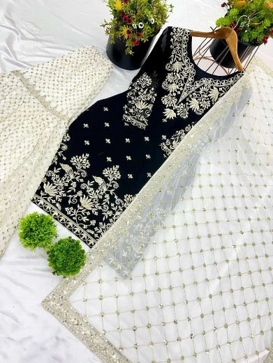 DESIGNER GEORGETTE EMBROIDERY SEQUENCE WORK TOP SHARARA WITH DUPATTA BLACK IN SIZE XL