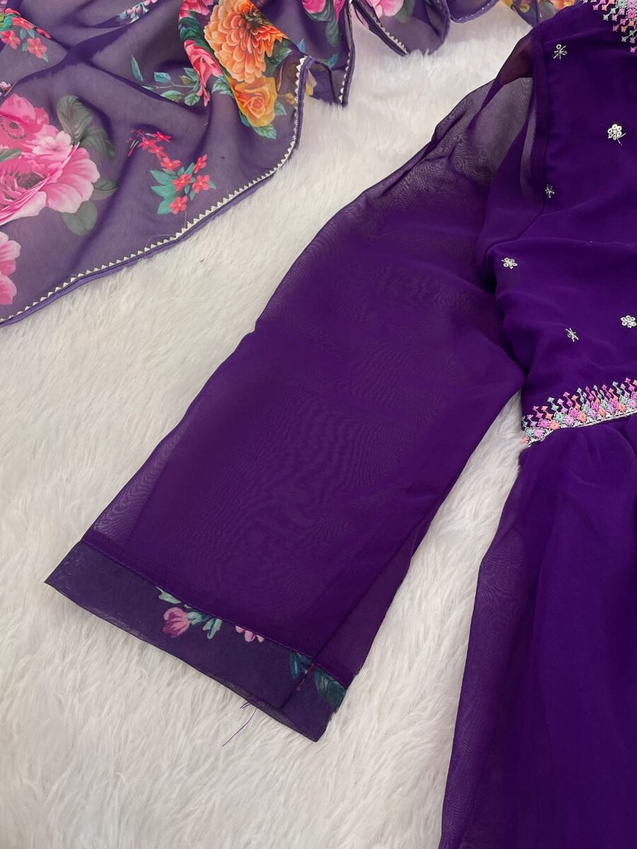 TRENDING GEORGETTE EMBROIDERY SEQUENCE WORK ALIA CUT TOP BOTTOM WITH DUPATTA PURPLE