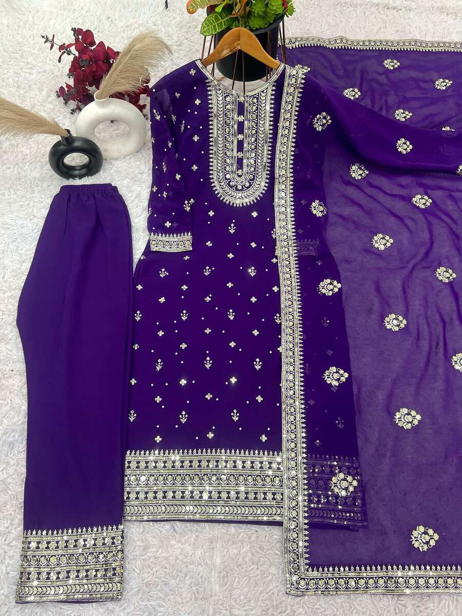 DESIGNER GEORGETTE EMBROIDERY SEQUENCE MOTI WORK TOP BOTTOM WITH DUPATTA PURPLE