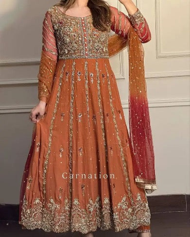 FANCY GEORGETTE SEQUENCE EMBROIDERY WORK GOWN WITH DUPATTA ORANGE