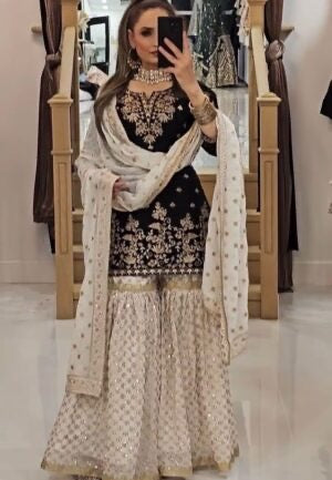 DESIGNER GEORGETTE EMBROIDERY SEQUENCE WORK TOP SHARARA WITH DUPATTA BLACK IN SIZE XL