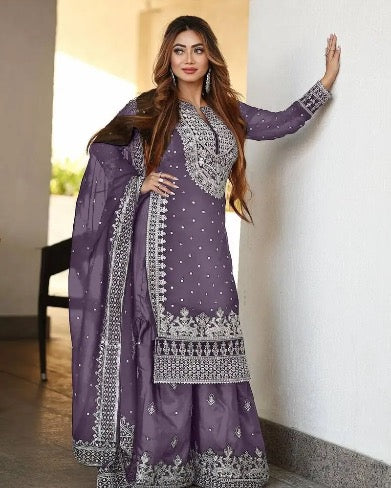 DESIGNER GEORGETTE EMBROIDERY SEQUENCE WORK TOP SHARARA WITH DUPATTA LAVENDER IN SIZE XXL