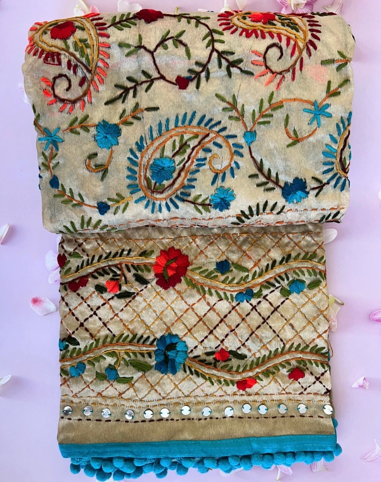 Beautiful Indain Mix Silk Route Handmade Phulkari Dupatta Embroidered Chanderi Scarf