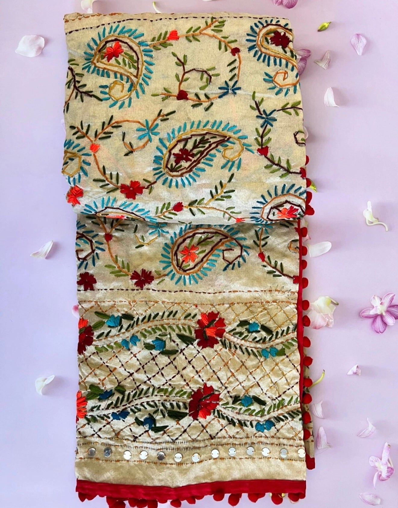 Beautiful Indain Mix Silk Route Handmade Phulkari Dupatta Embroidered Chanderi Scarf