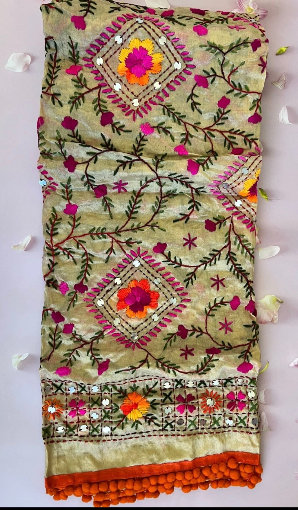 Beautiful Indain Mix Silk Route Handmade Phulkari Dupatta Embroidered Chanderi Scarf
