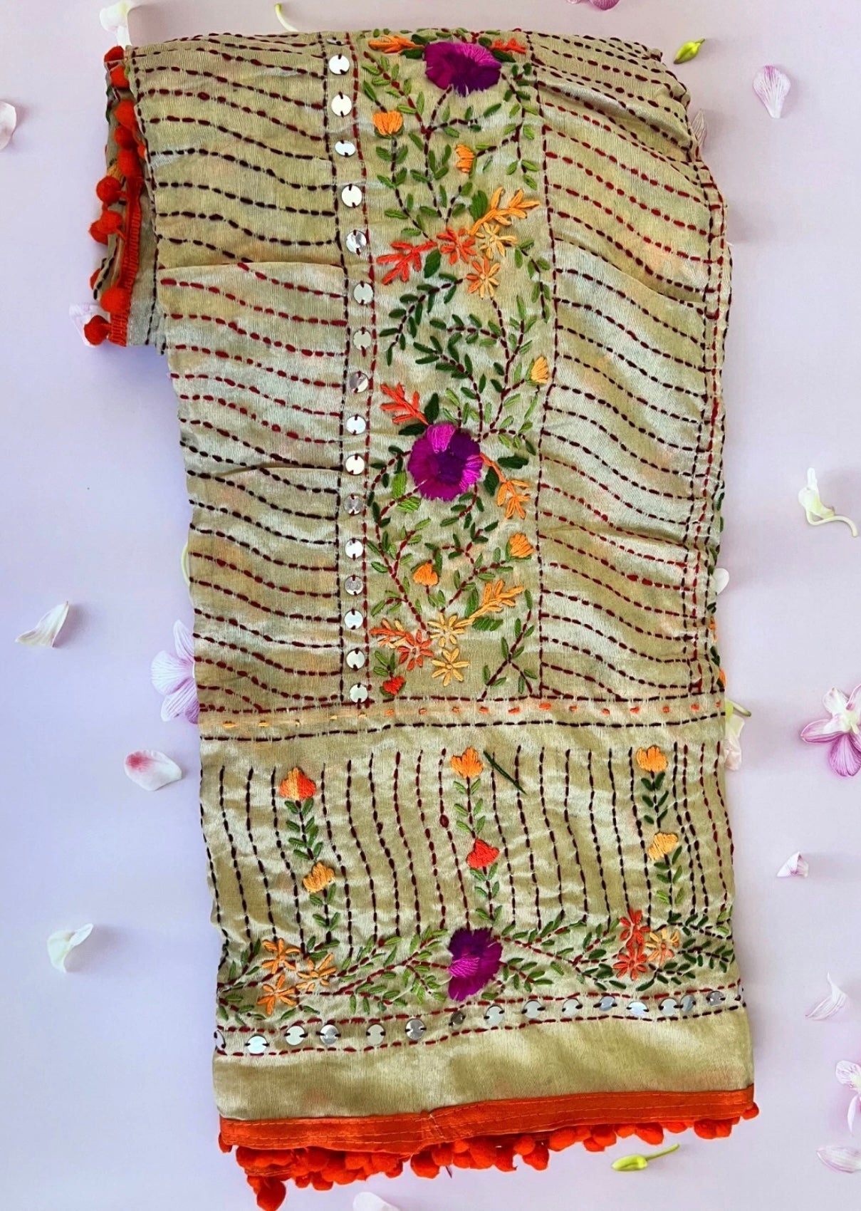 Beautiful Indain Mix Silk Route Handmade Phulkari Dupatta Embroidered Chanderi Scarf
