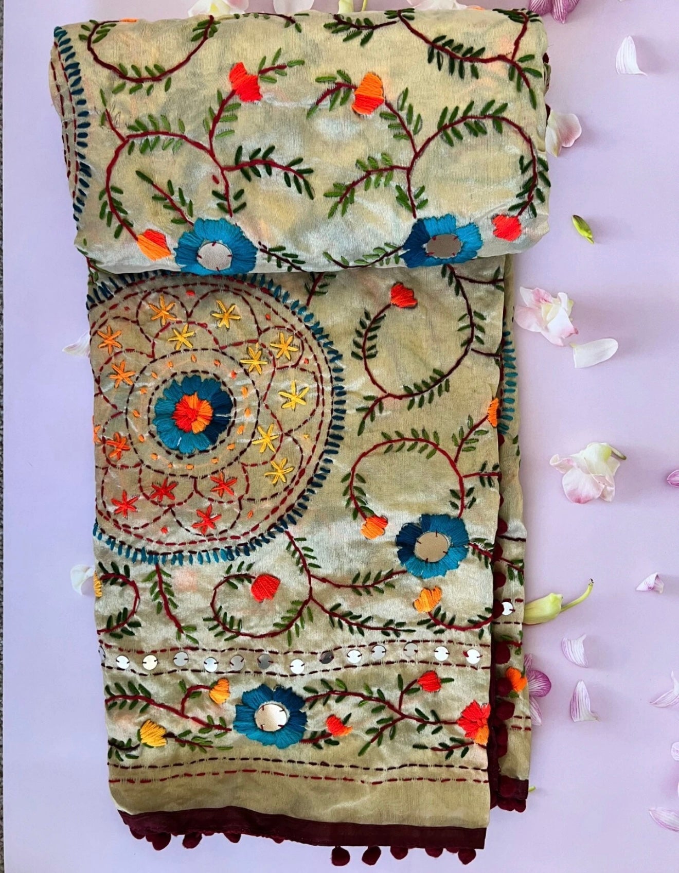 Beautiful Indain Mix Silk Route Handmade Phulkari Dupatta Embroidered Chanderi Scarf