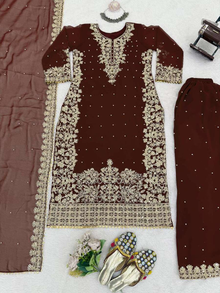 DESIGNER GEORGETTE CODING AND SEQUENCE WITH RIVET MOTI WORK TOP PALAZZO WITH DUPATTA