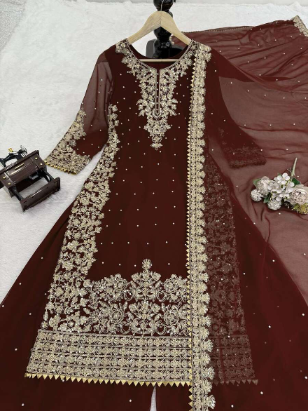 DESIGNER GEORGETTE CODING AND SEQUENCE WITH RIVET MOTI WORK TOP PALAZZO WITH DUPATTA BROWN