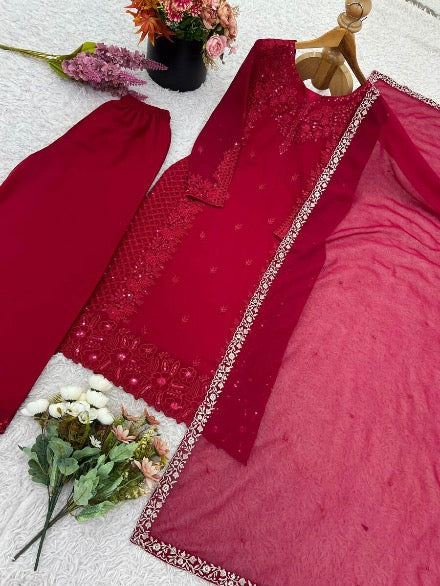 DESIGNER GEORGETTE EMBROIDERY SEQUENCE WORK TOP PALAZZO WITH DUPATTA MAROON
