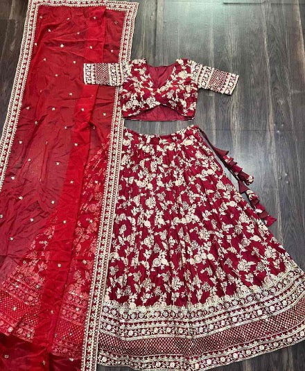 FASHIONABLE VISCOSE JACQUARD EMBROIDERED SEQUENCE WORK LEHENGA CHOLI WITH DUPATTA RED READY TO WEAR