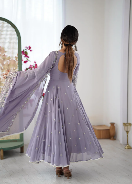 RICH LOOK BLOOMING FAUX EMBROIDERY RAINBOW SEQUENCE WITH MOTI WORK GOWN BOTTOM WITH DUPATTA LAVENDER