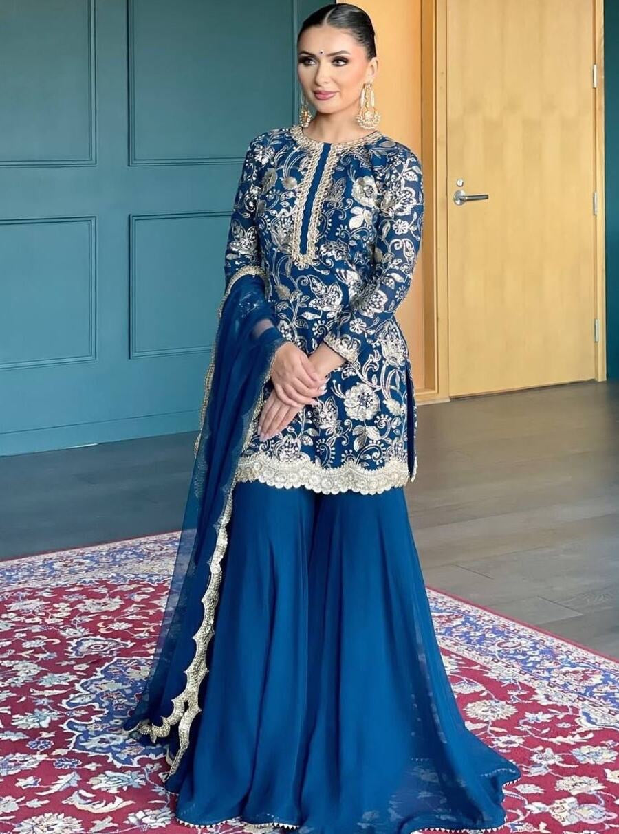 DESIGNER GEORGETTE THREAD WITH SEQUENCE WORK TOP SHARARA WITH DUPATTA BLUE