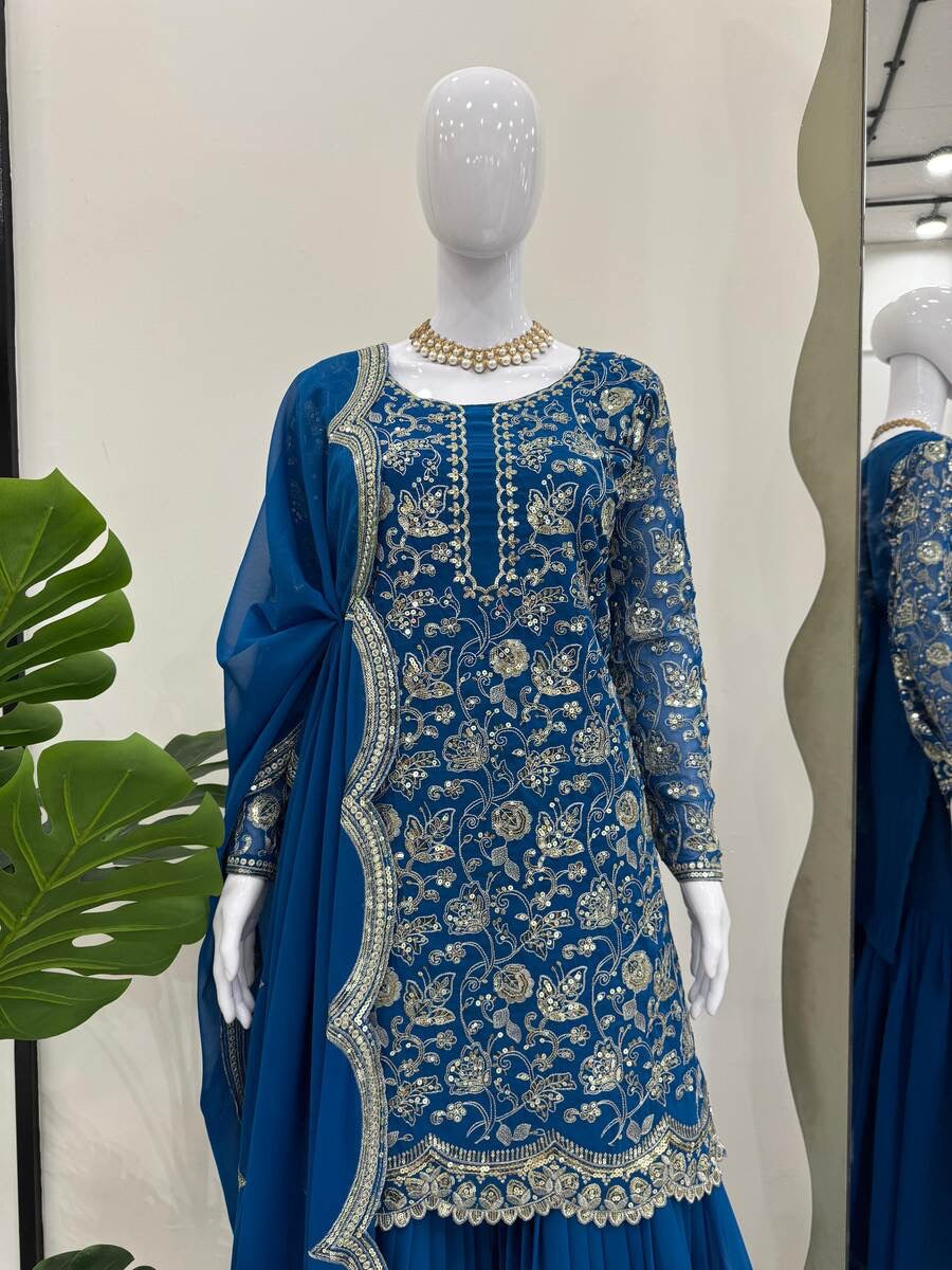 DESIGNER GEORGETTE THREAD WITH SEQUENCE WORK TOP SHARARA WITH DUPATTA BLUE