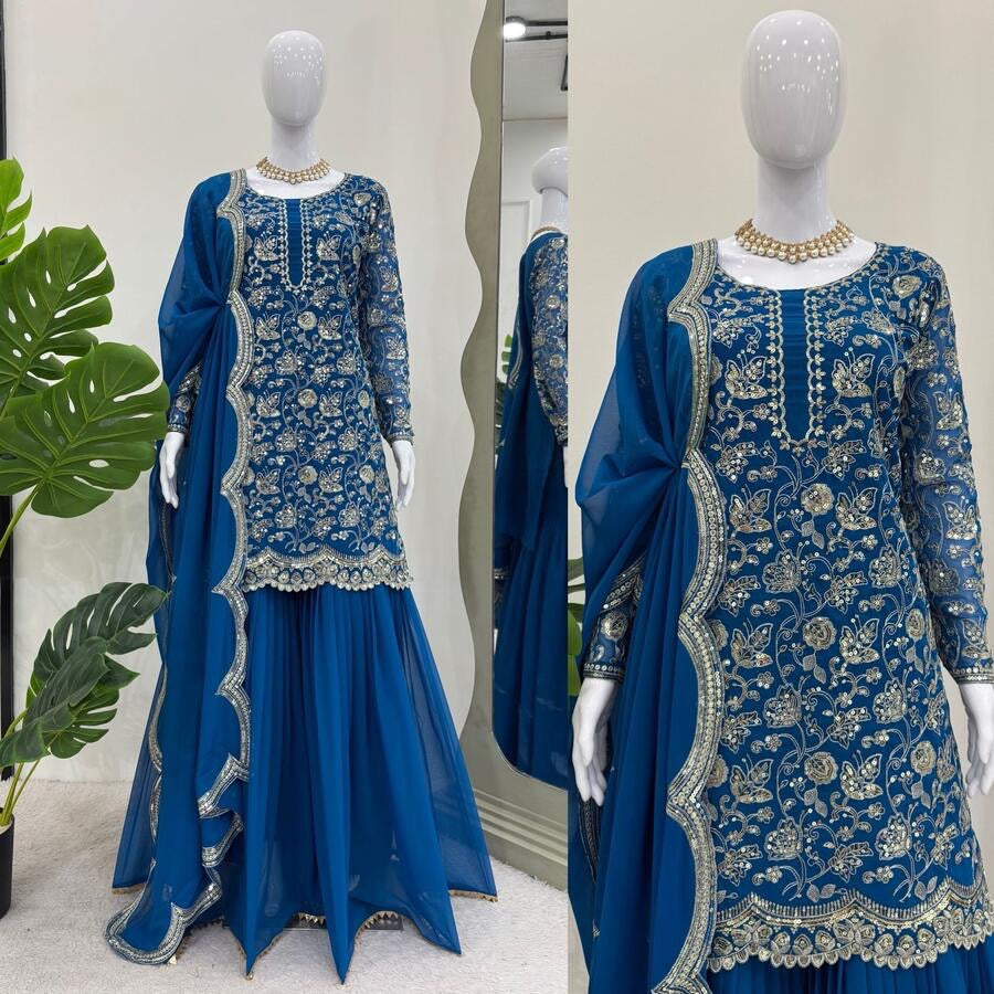 DESIGNER GEORGETTE THREAD WITH SEQUENCE WORK TOP SHARARA WITH DUPATTA BLUE