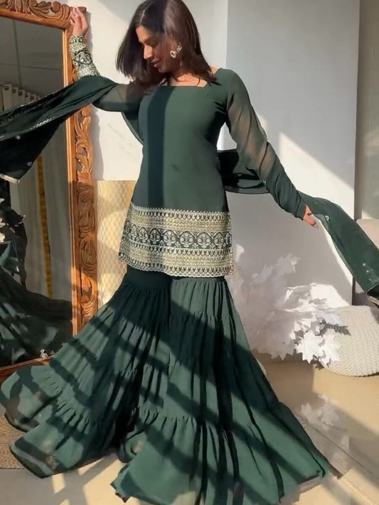 FANCY GEORGETTE THREAD WITH SEQUENCE WORK TOP SHARARA WITH DUPATTA