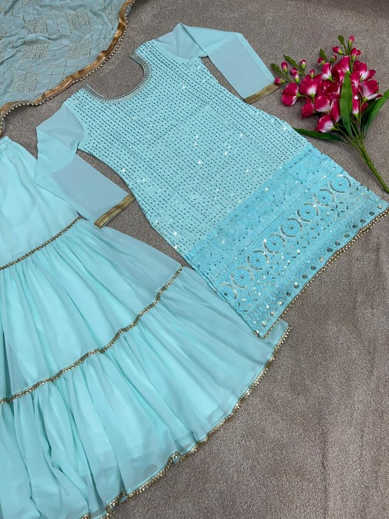 DESIGNER WEAR PARTY LOOK FAUX GEORGETTE WITH EMBROIDERY WORK TOP AND SHARARA