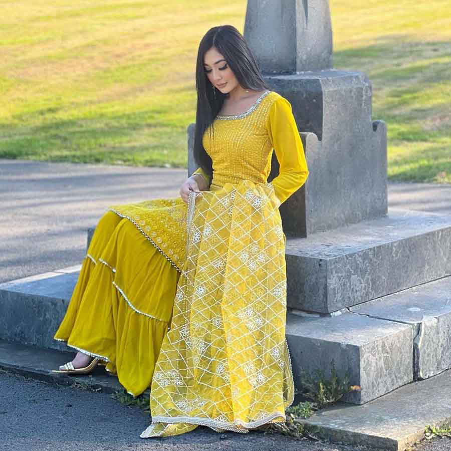 DESIGNER WEAR PARTY LOOK FAUX GEORGETTE WITH EMBROIDERY WORK TOP AND SHARARA