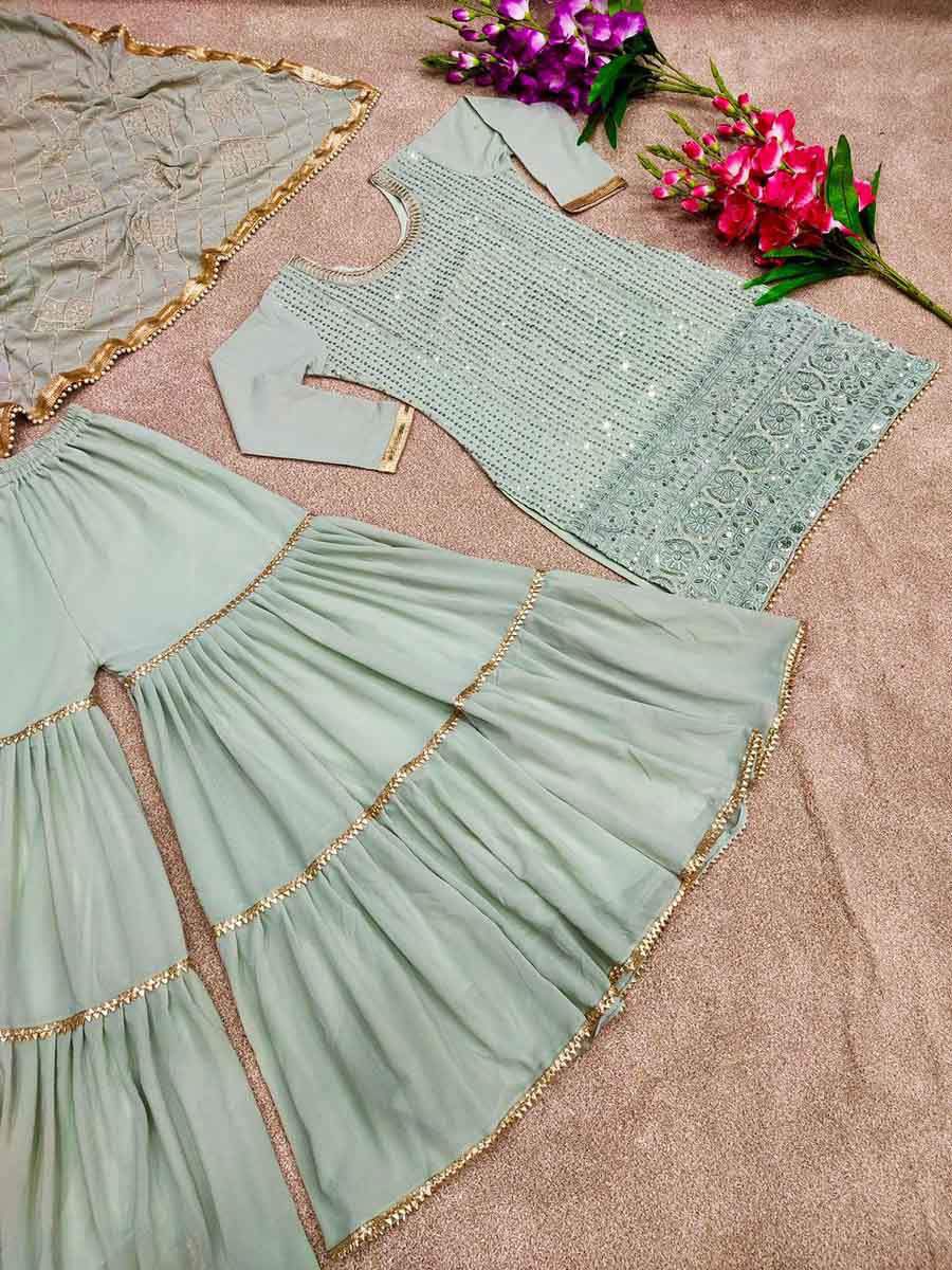 DESIGNER WEAR PARTY LOOK FAUX GEORGETTE WITH EMBROIDERY WORK TOP AND SHARARA