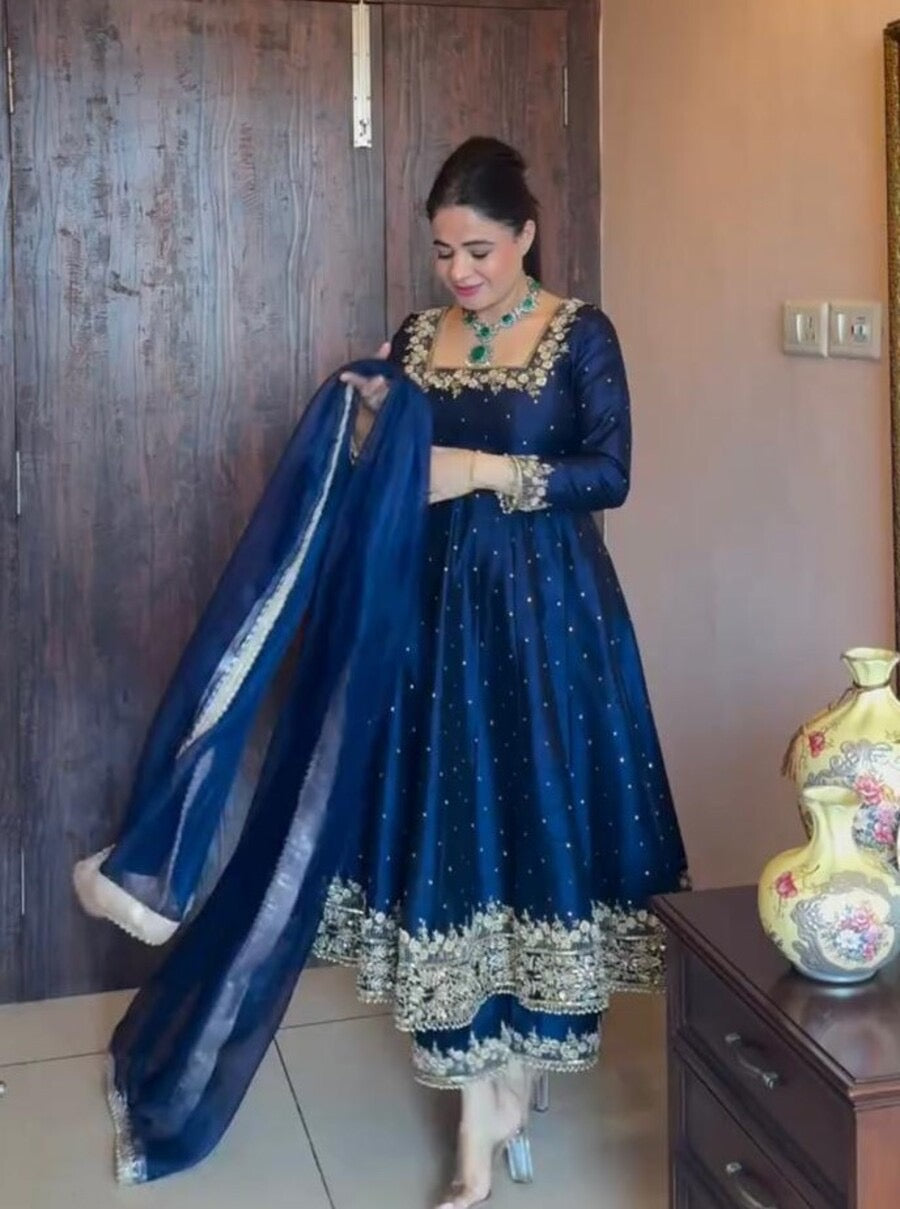 TRENDING VICHITRA SILK EMBROIDERY SEQUENCE WORK GOWN BOTTOM WITH DUPATTA BLUE