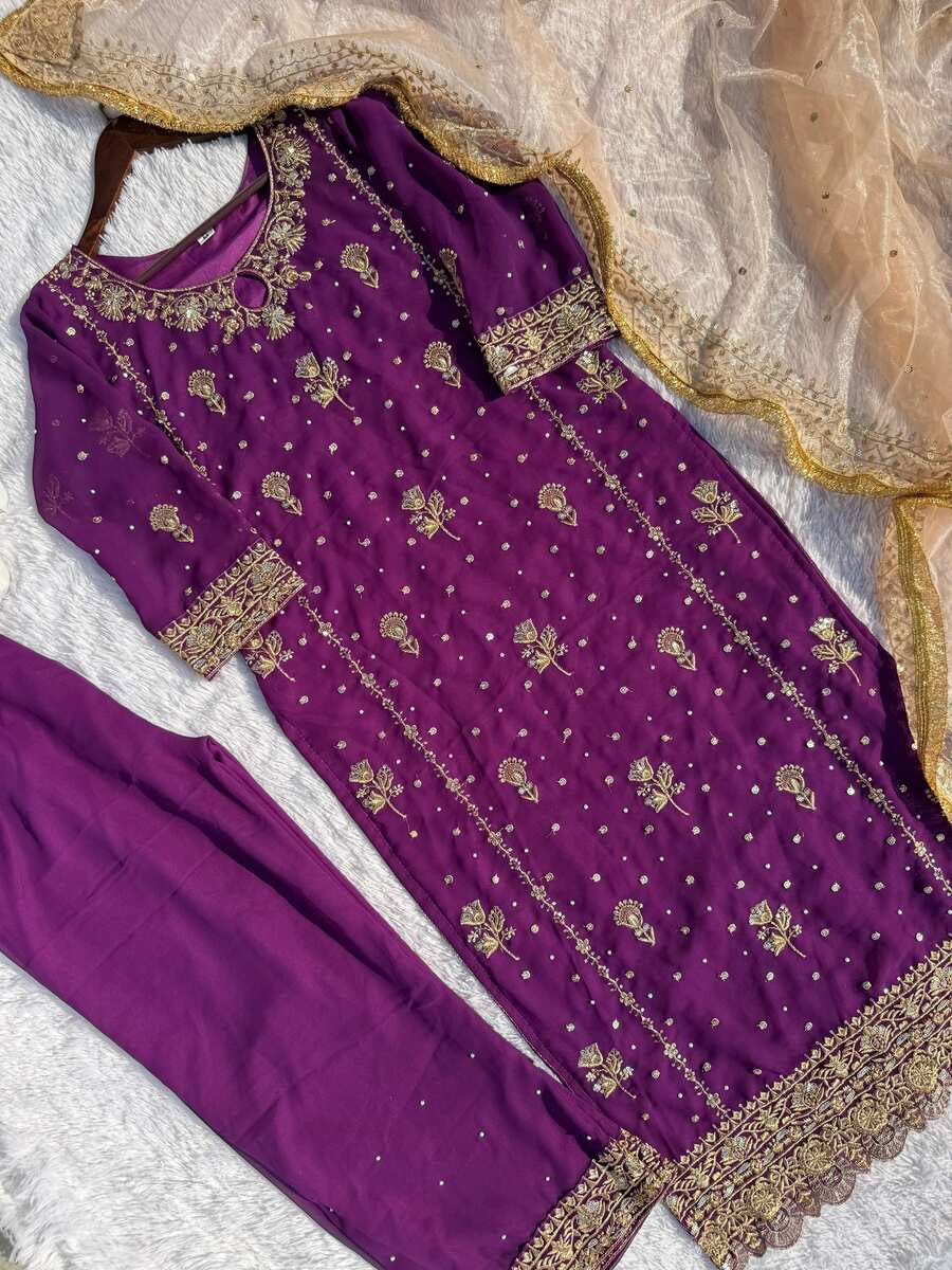 DESIGNER FAUX GEORGETTE EMBROIDERY SEQUENCE WORK TOP PALAZZO WITH DUPATT