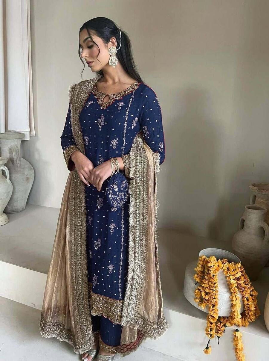 DESIGNER FAUX GEORGETTE EMBROIDERY SEQUENCE WORK TOP PALAZZO WITH DUPATT