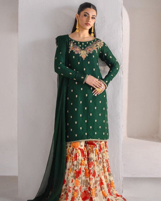 DESIGNER GEORGETTE EMBROIDERY WORK TOP SHARARA WITH DUPATTA
