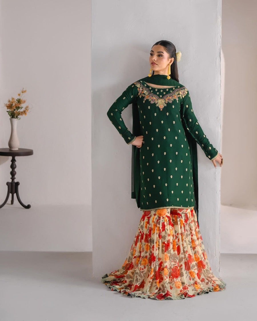 DESIGNER GEORGETTE EMBROIDERY WORK TOP SHARARA WITH DUPATTA