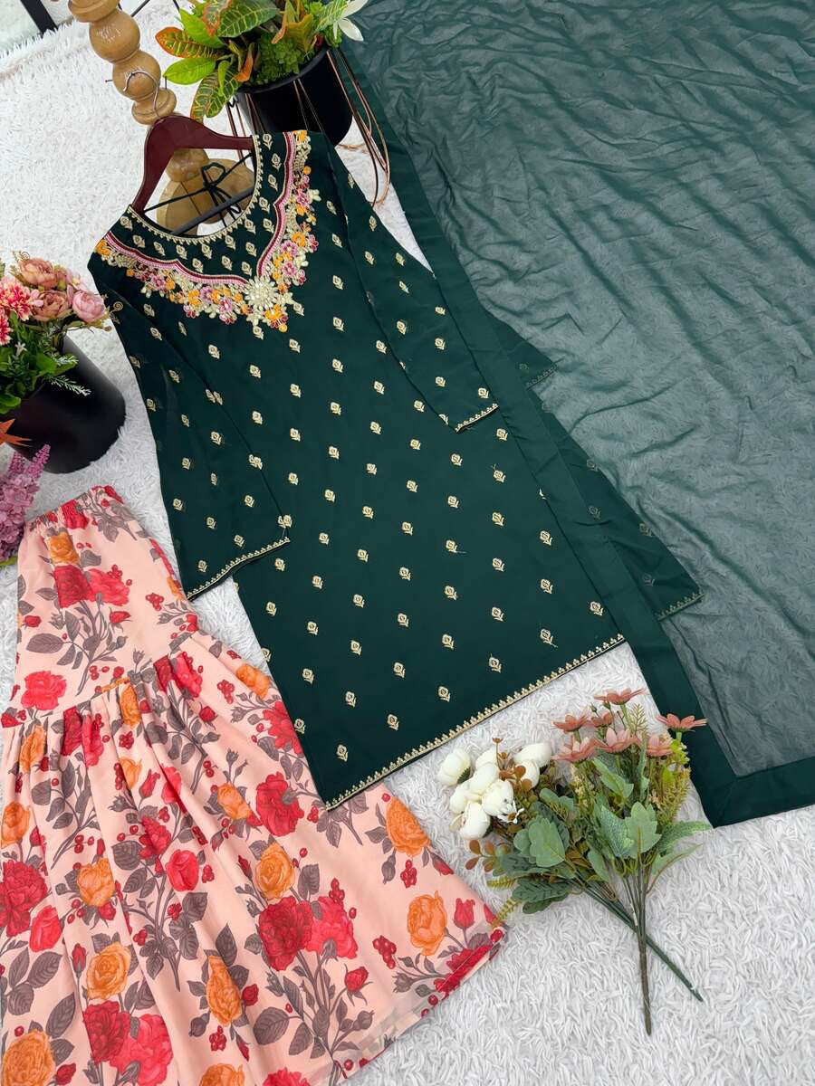 DESIGNER GEORGETTE EMBROIDERY WORK TOP SHARARA WITH DUPATTA