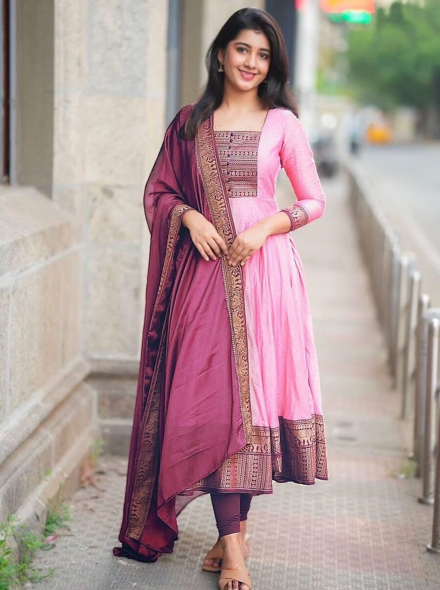 NEW ARRIVAL VICHITRA SILK JACQUARD ZARI WEAVING WORK ANARKALI GOWN WITH DUPATTA