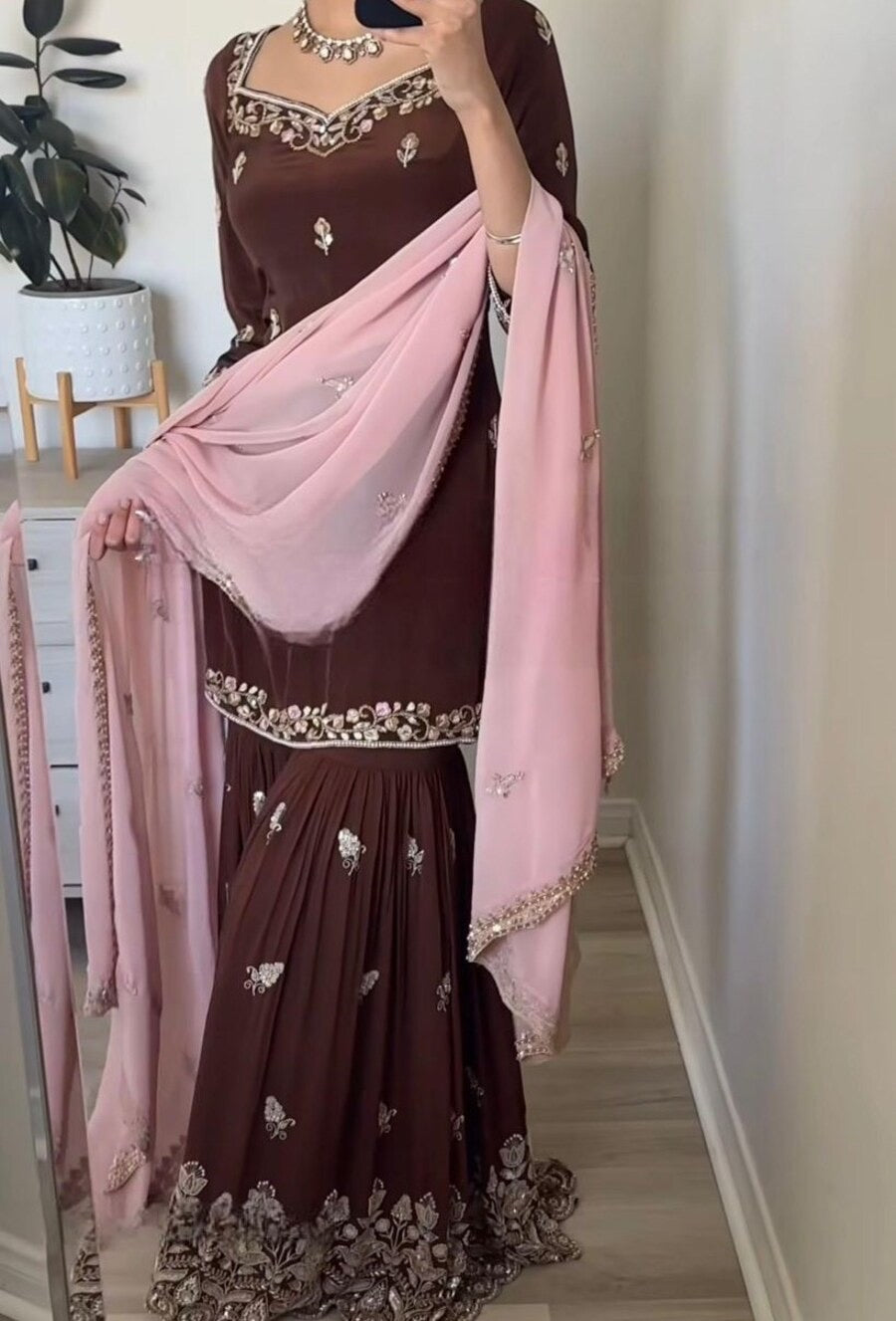 DESIGNER GEORGETTE EMBROIDERY SEQUENCE WORK TOP SHARARA WITH DUPATTA BROWN