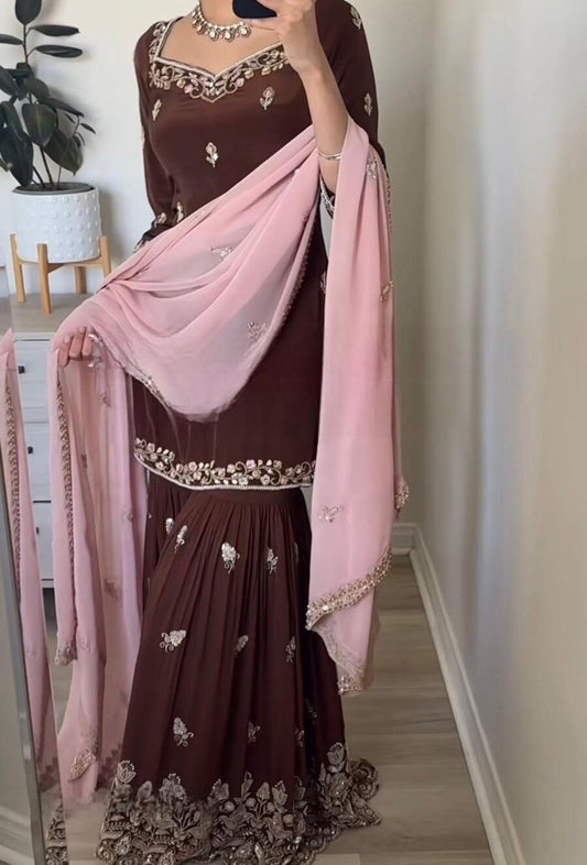 DESIGNER GEORGETTE EMBROIDERY SEQUENCE WORK TOP SHARARA WITH DUPATTA BROWN