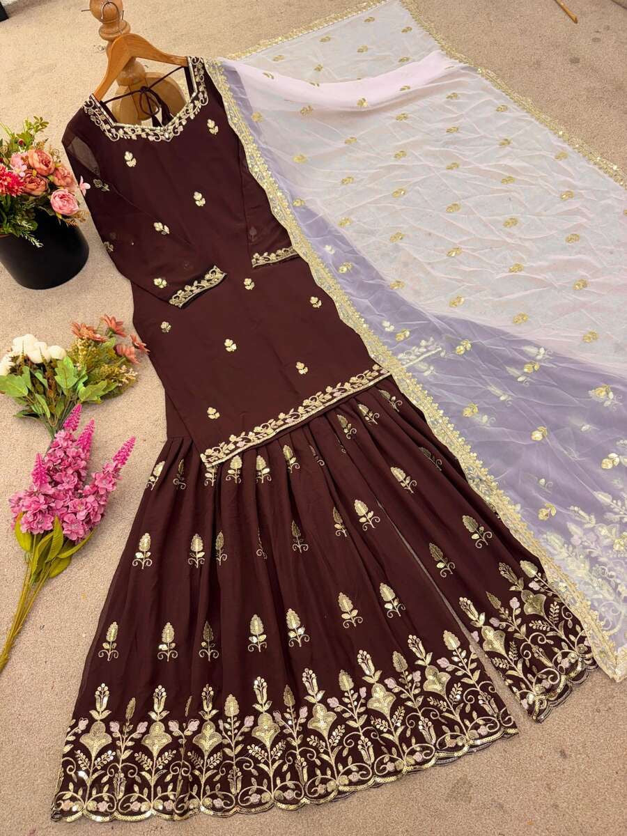 DESIGNER GEORGETTE EMBROIDERY SEQUENCE WORK TOP SHARARA WITH DUPATTA BROWN