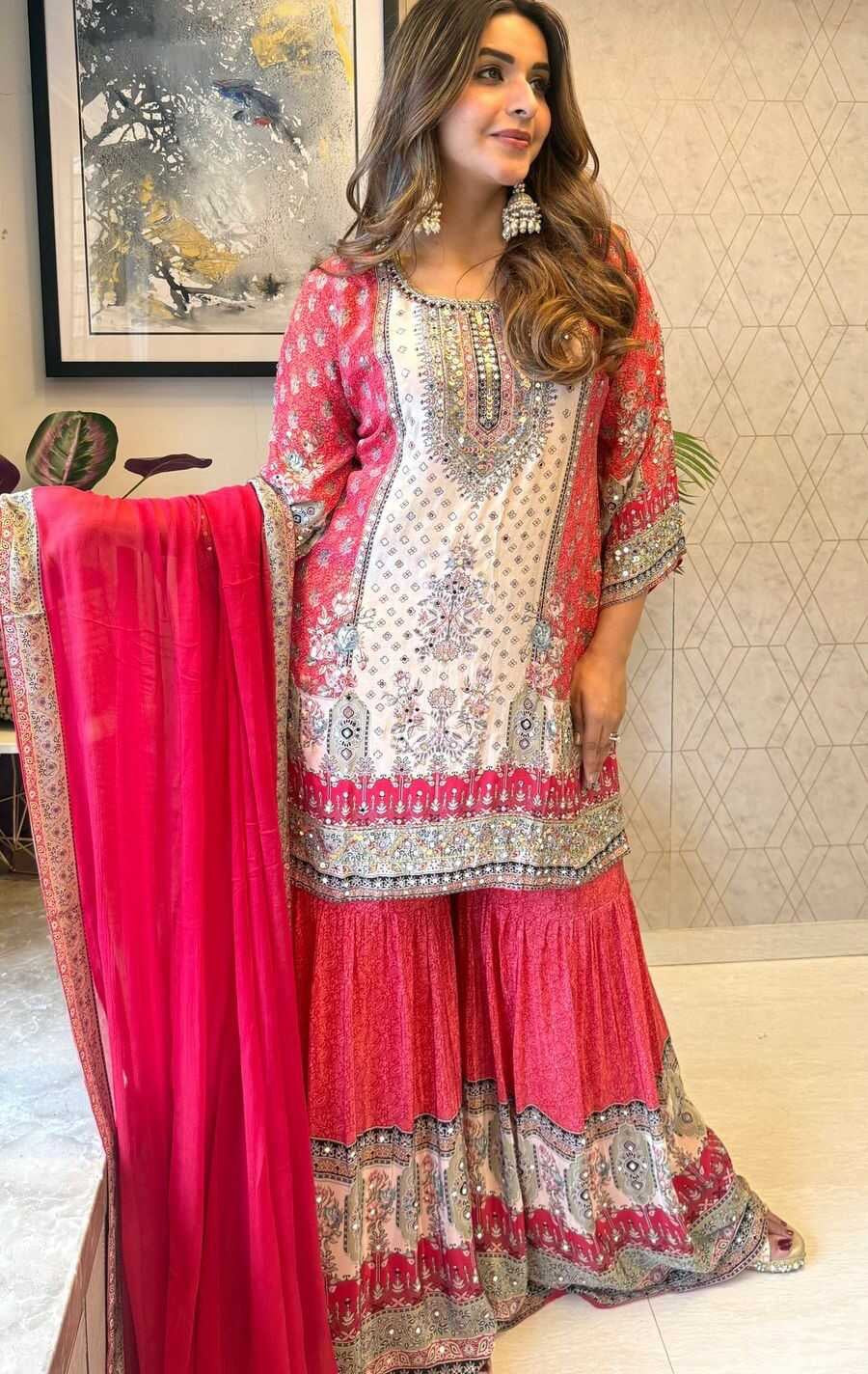 FANCY CHINON PRINTED WITH REAL MIRROR WORK TOP SHARARA WITH DUPATTA RANI