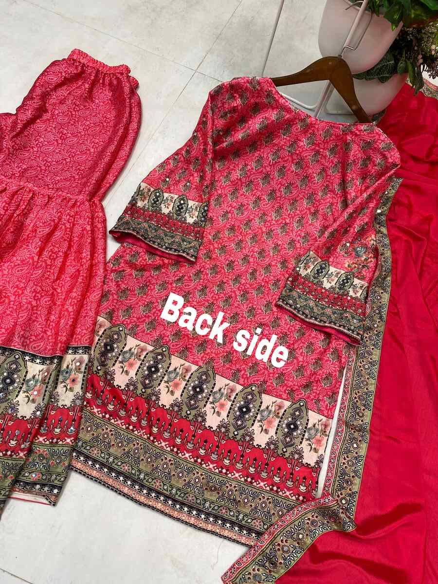 FANCY CHINON PRINTED WITH REAL MIRROR WORK TOP SHARARA WITH DUPATTA RANI