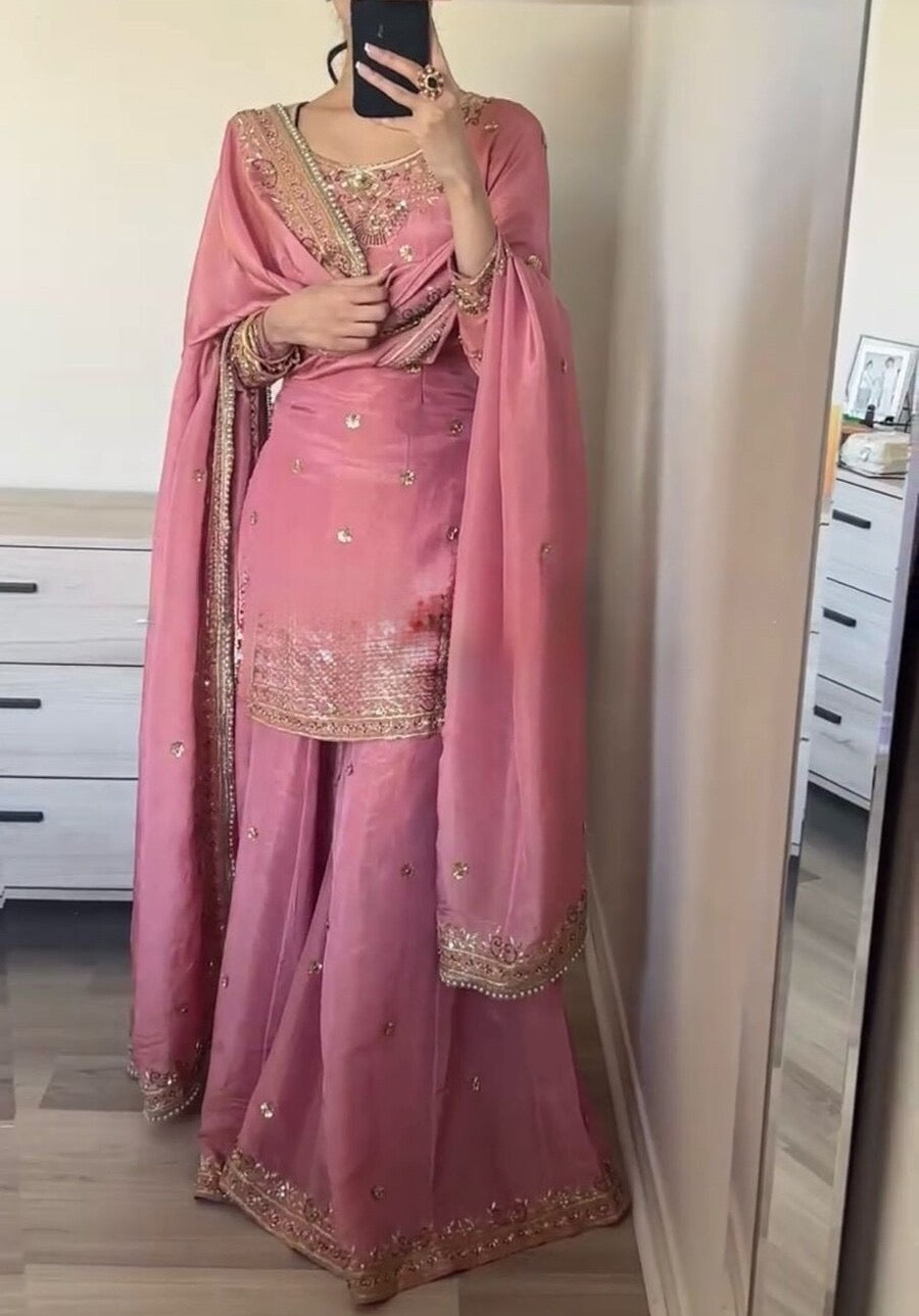 FANCY CHINON SILK EMBROIDERY SEQUENCE WORK TOP SHARARA WITH DUPATTA PINK