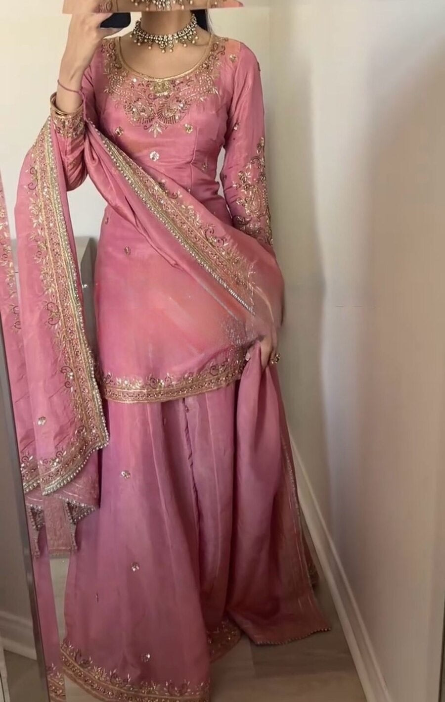 FANCY CHINON SILK EMBROIDERY SEQUENCE WORK TOP SHARARA WITH DUPATTA PINK