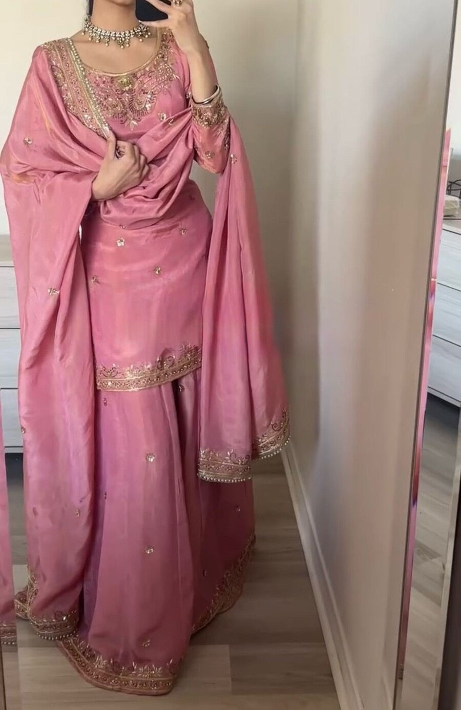 FANCY CHINON SILK EMBROIDERY SEQUENCE WORK TOP SHARARA WITH DUPATTA PINK